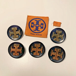 TORY BURCH Set of 5 Gold Tone Blue Enamel Buttons 1" (25mm) Gold Logo and Labels